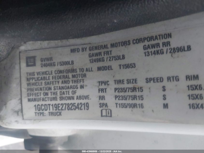 2007 Chevrolet Colorado Lt VIN: 1GCDT19E278254219 Lot: 43968958