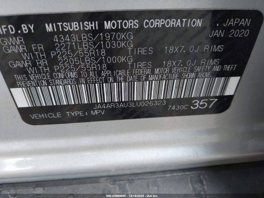 2020 Mitsubishi Outlander Sport 2.0 Be Awc/2.0 Es Awc/2.0 Se Awc/2.0 Sp Awc VIN: JA4AR3AU3LU026323 Lot: 43968959