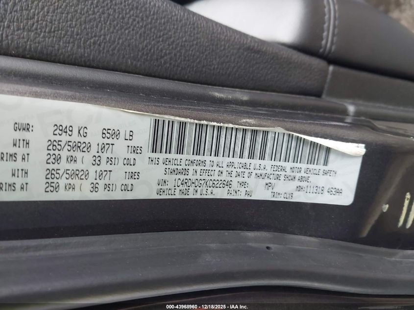 2019 Dodge Durango Gt Plus Rwd VIN: 1C4RDHDG7KC622646 Lot: 43968960