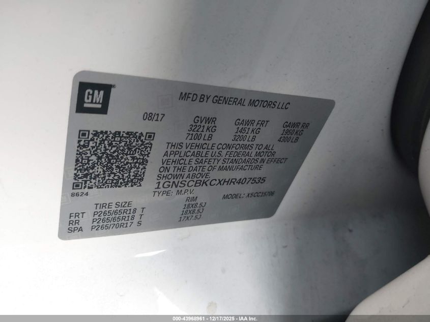 2017 Chevrolet Tahoe Lt VIN: 1GNSCBKCXHR407535 Lot: 43968961