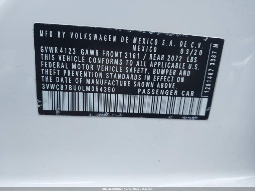 2020 Volkswagen Jetta 1.4T R-Line/1.4T S/1.4T Se VIN: 3VWCB7BU0LM054350 Lot: 43968962