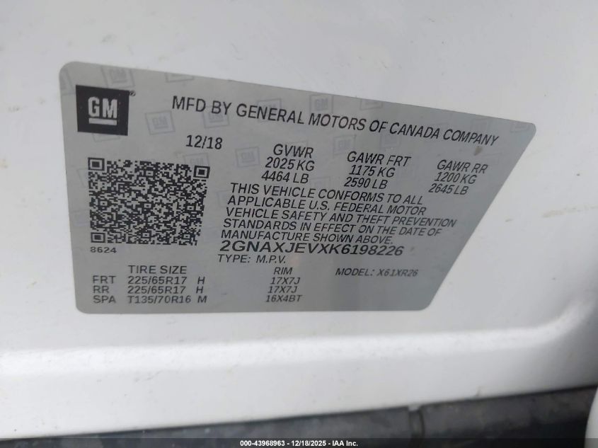 2019 Chevrolet Equinox Lt VIN: 2GNAXJEVXK6198226 Lot: 43968963