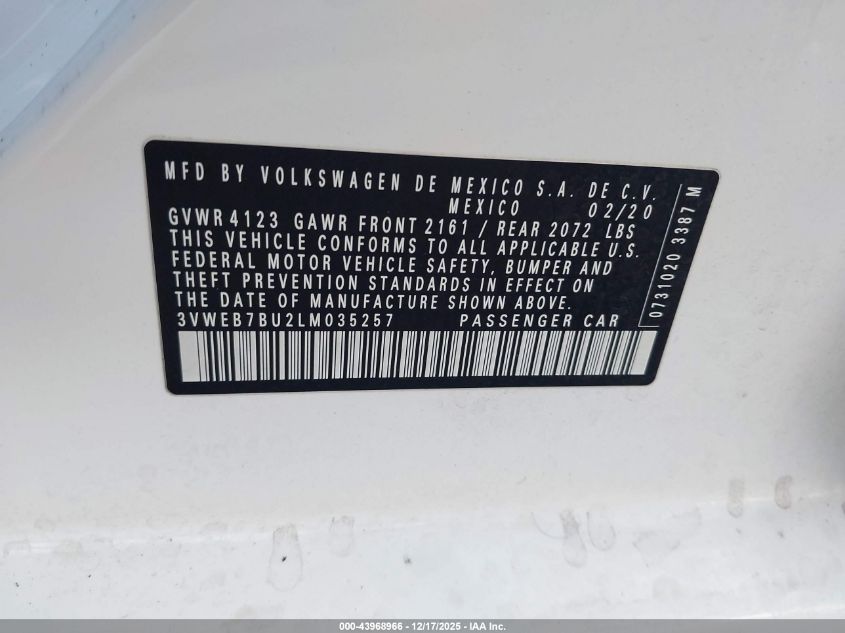 2020 Volkswagen Jetta 1.4T Sel VIN: 3VWEB7BU2LM035257 Lot: 43968966