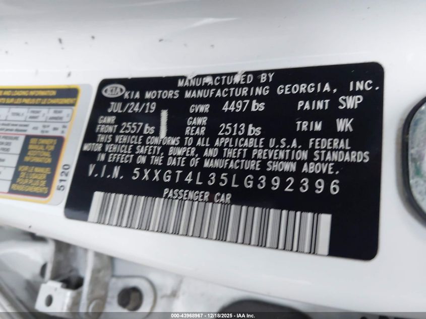 2020 Kia Optima Lx VIN: 5XXGT4L35LG392396 Lot: 43968967