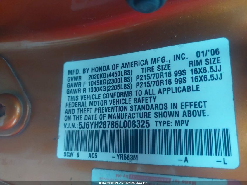 2006 Honda Element Ex-P VIN: 5J6YH28786L008325 Lot: 43968969