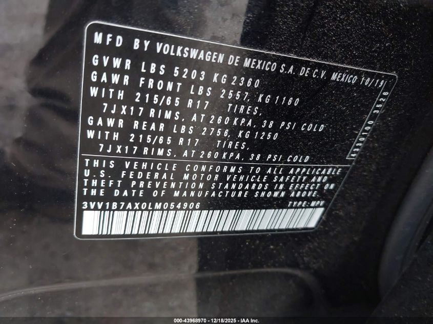 2020 Volkswagen Tiguan 2.0T S VIN: 3VV1B7AX0LM054906 Lot: 43968970