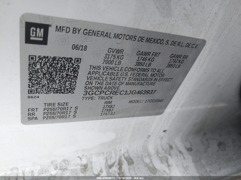 2018 Chevrolet Silverado 1500 1Lt VIN: 3GCPCREC1JG463937 Lot: 43968972