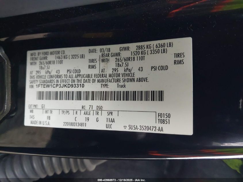 2018 Ford F-150 Xlt VIN: 1FTEW1CP3JKD93310 Lot: 43968973