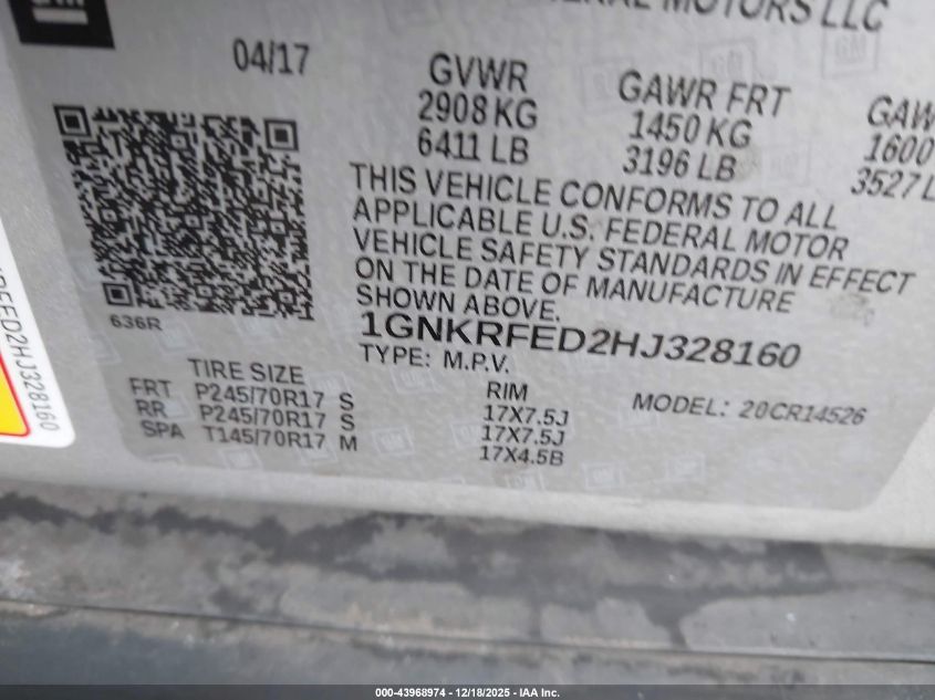 2017 Chevrolet Traverse Ls VIN: 1GNKRFED2HJ328160 Lot: 43968974