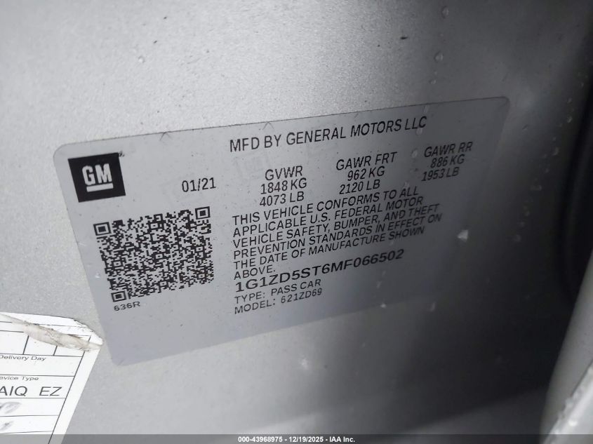 2021 Chevrolet Malibu Fwd Lt VIN: 1G1ZD5ST6MF066502 Lot: 43968975
