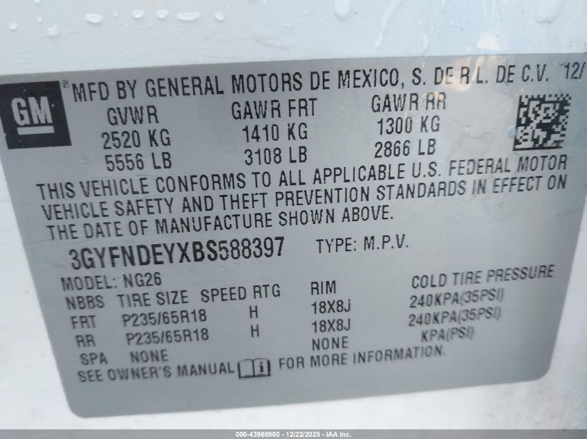 2011 Cadillac Srx Luxury Collection VIN: 3GYFNDEYXBS588397 Lot: 43968980