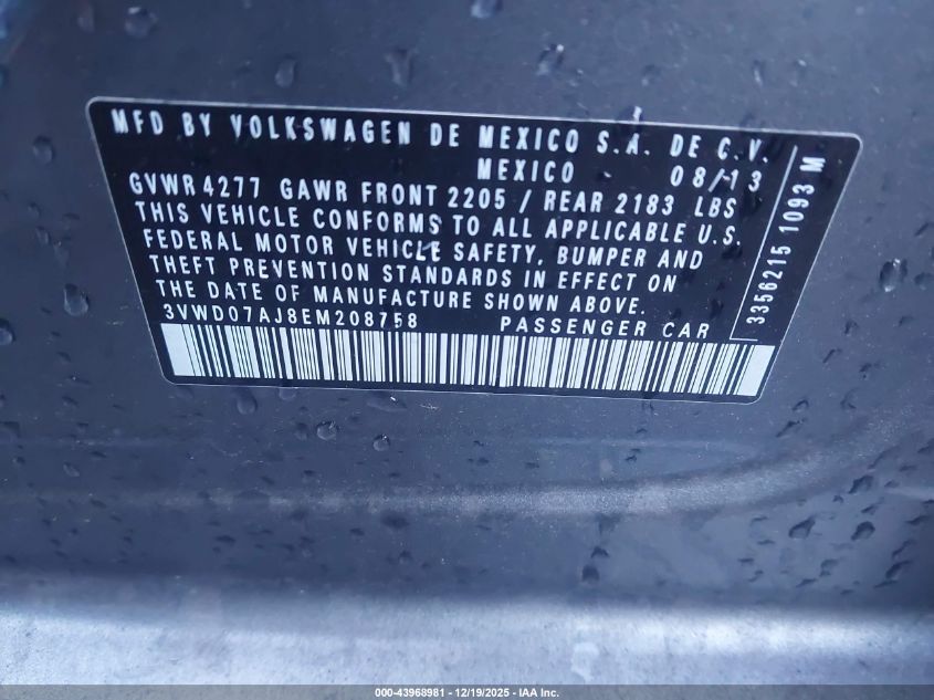 2014 Volkswagen Jetta 1.8T Se VIN: 3VWD07AJ8EM208758 Lot: 43968981