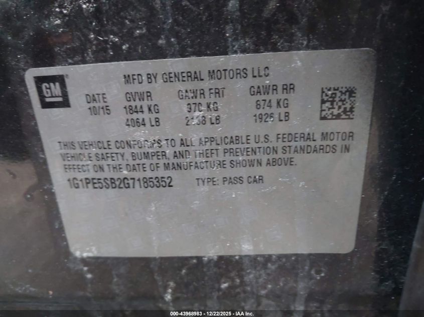 2016 Chevrolet Cruze Limited 1Lt Auto VIN: 1G1PE5SB2G7185352 Lot: 43968983