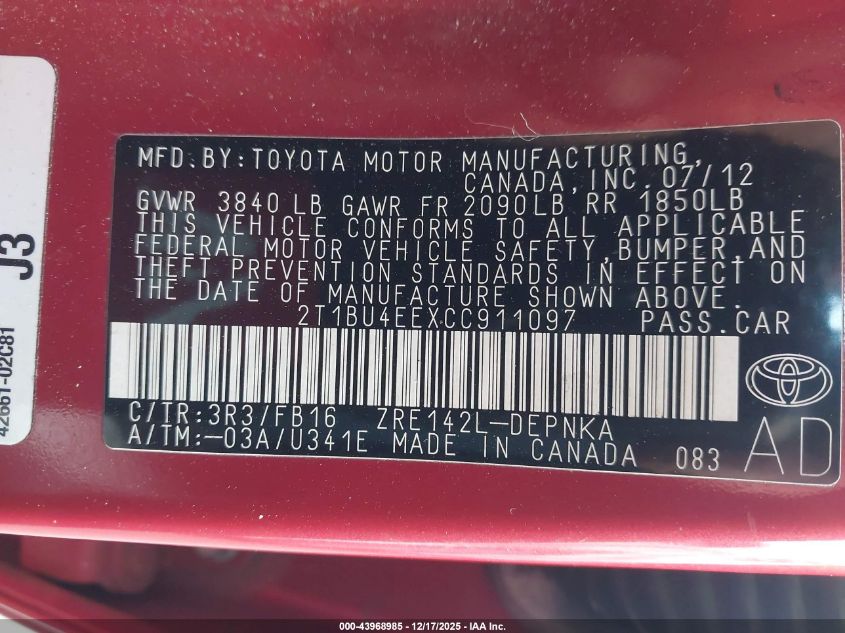 2012 Toyota Corolla Le VIN: 2T1BU4EEXCC911097 Lot: 43968985