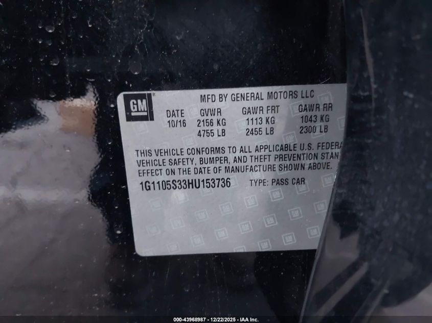 2017 Chevrolet Impala 1Lt VIN: 1G1105S33HU153736 Lot: 43968987