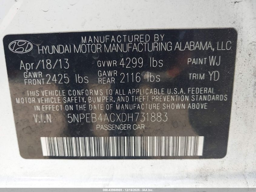 2013 Hyundai Sonata Gls VIN: 5NPEB4ACXDH731883 Lot: 43968989