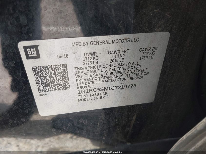 2018 Chevrolet Cruze Ls Auto VIN: 1G1BC5SM5J7219776 Lot: 43968990