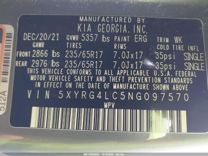 2022 Kia Sorento Lx VIN: 5XYRG4LC5NG097570 Lot: 43968995