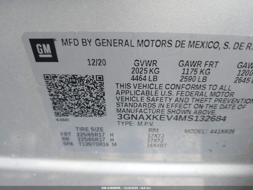 2021 Chevrolet Equinox Fwd Lt VIN: 3GNAXKEV4MS132684 Lot: 43968996