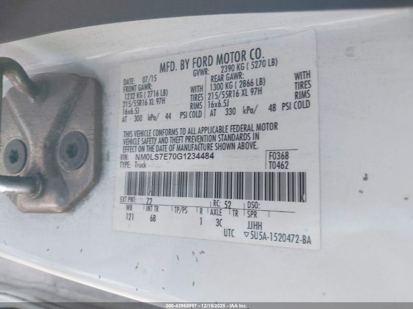 2016 Ford Transit Connect Xl VIN: NM0LS7E70G1234484 Lot: 43968997