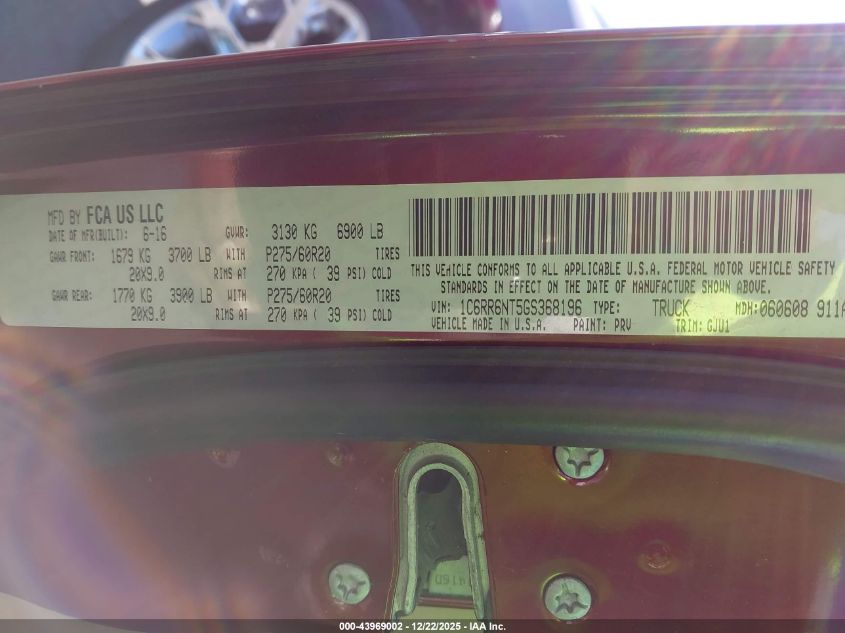 2016 Ram 1500 Laramie VIN: 1C6RR6NT5GS368196 Lot: 43969002