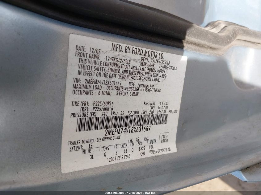 2008 Mercury Grand Marquis Gs VIN: 2MEFM74V18X631669 Lot: 43969003