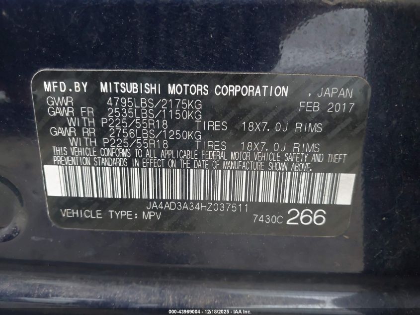 2017 Mitsubishi Outlander Se/Sel VIN: JA4AD3A34HZ037511 Lot: 43969004