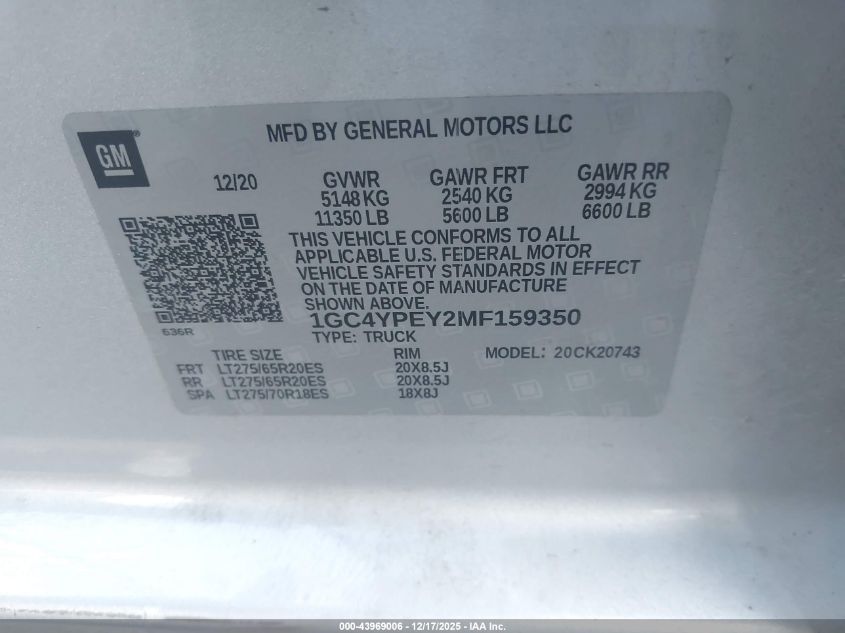 2021 Chevrolet Silverado 2500Hd 4Wd Standard Bed Ltz VIN: 1GC4YPEY2MF159350 Lot: 43969006