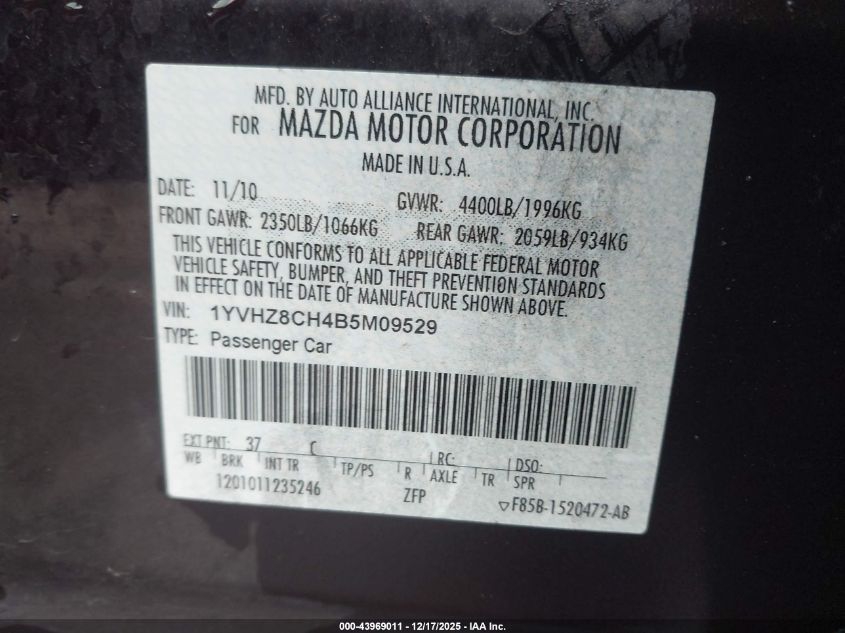 2011 Mazda Mazda6 I Touring Plus VIN: 1YVHZ8CH4B5M09529 Lot: 43969011