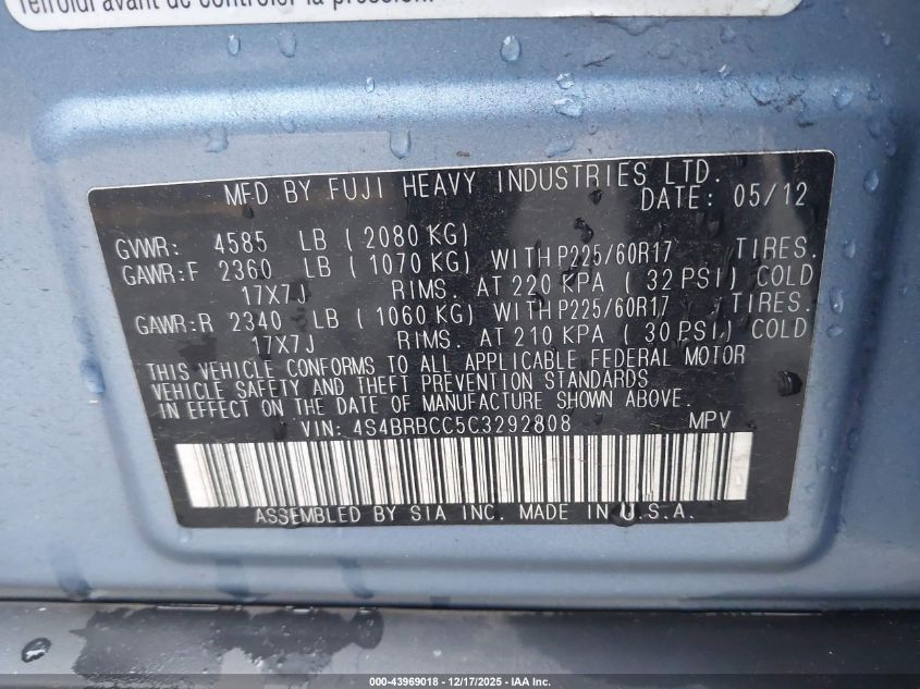 2012 Subaru Outback 2.5I Premium VIN: 4S4BRBCC5C3292808 Lot: 43969018