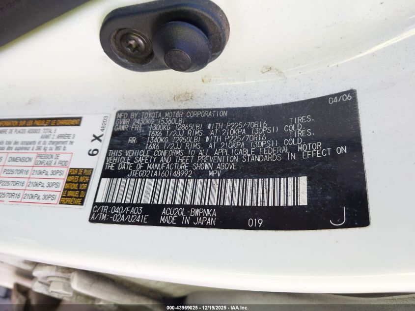 2006 Toyota Highlander VIN: JTEGD21A160148992 Lot: 43969025