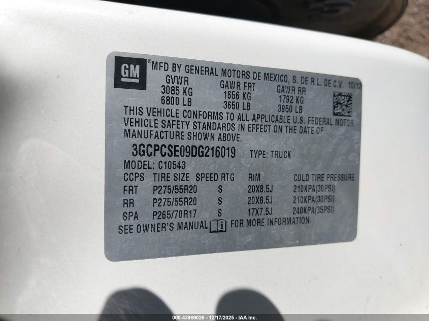 2013 Chevrolet Silverado 1500 Lt VIN: 3GCPCSE09DG216019 Lot: 43969026