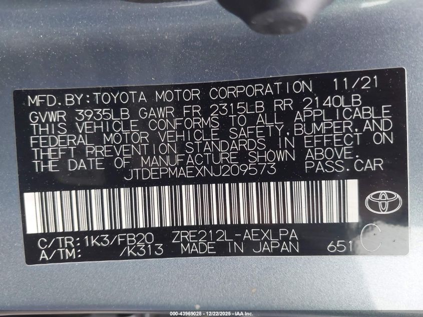 2022 Toyota Corolla Le VIN: JTDEPMAEXNJ209573 Lot: 43969028