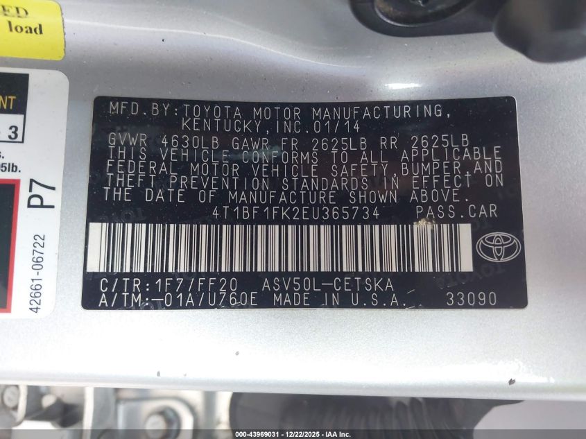 2014 Toyota Camry Se VIN: 4T1BF1FK2EU365734 Lot: 43969031