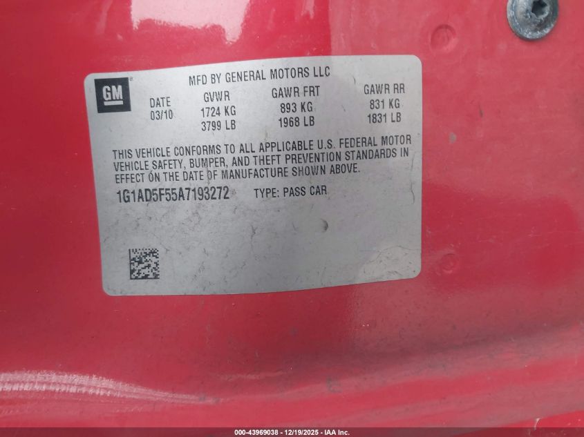 2010 Chevrolet Cobalt Lt VIN: 1G1AD5F55A7193272 Lot: 43969038