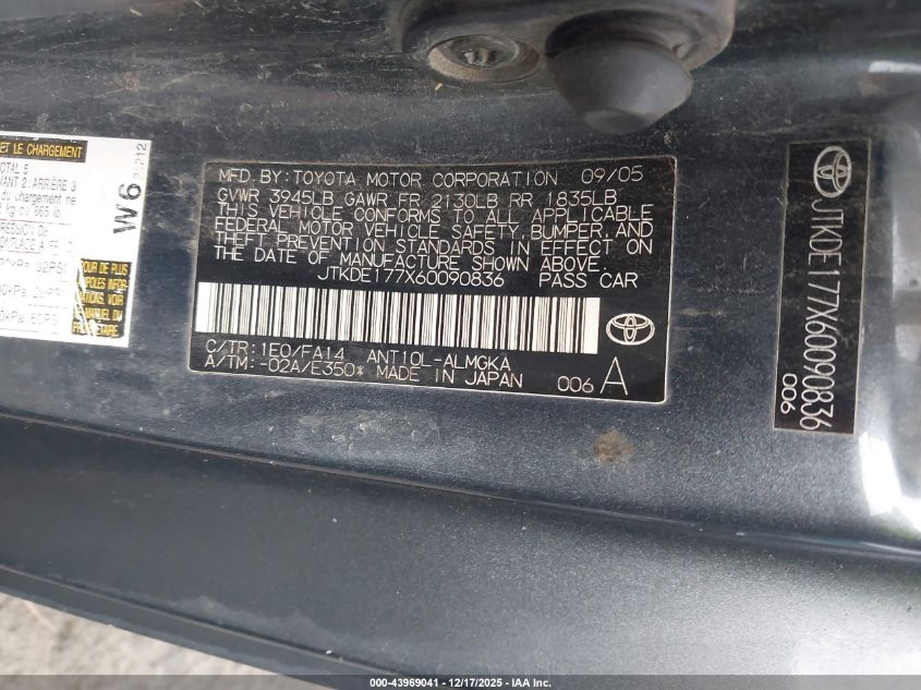 2006 Scion Tc VIN: JTKDE177X60090836 Lot: 43969041