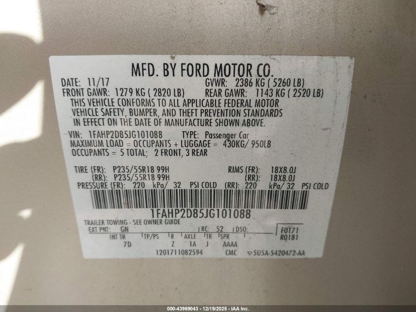 2018 Ford Taurus Se VIN: 1FAHP2D85JG101088 Lot: 43969043