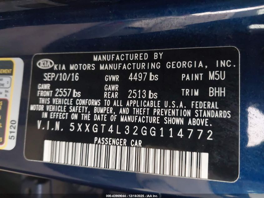 2016 Kia Optima Lx VIN: 5XXGT4L32GG114772 Lot: 43969044