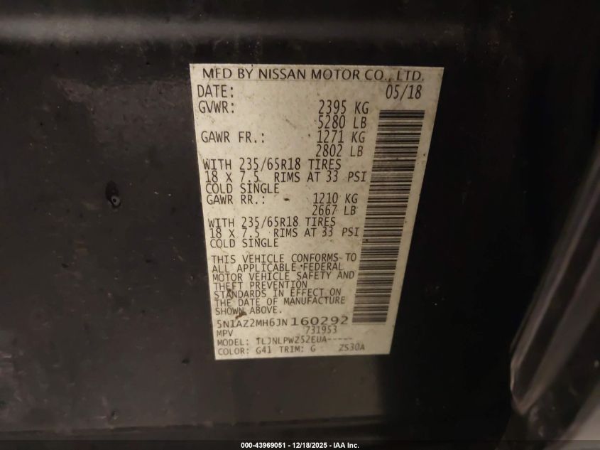 2018 Nissan Murano S VIN: 5N1AZ2MH6JN160292 Lot: 43969051