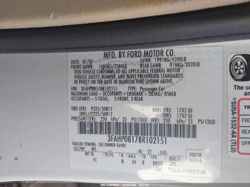 2008 Ford Fusion Sel VIN: 3FAHP08178R102151 Lot: 43969054
