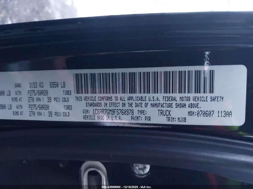 2015 Ram 1500 Big Horn VIN: 1C6RR7GM9FS760978 Lot: 43969060