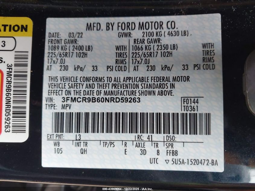 2022 Ford Bronco Sport Big Bend VIN: 3FMCR9B60NRD59263 Lot: 43969064