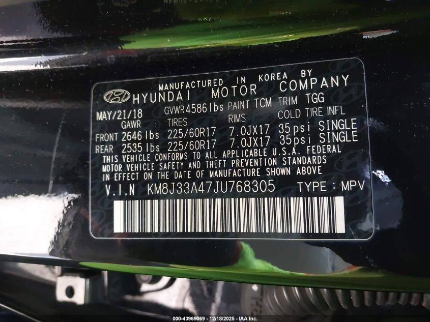 2018 Hyundai Tucson Sel VIN: KM8J33A47JU768305 Lot: 43969069
