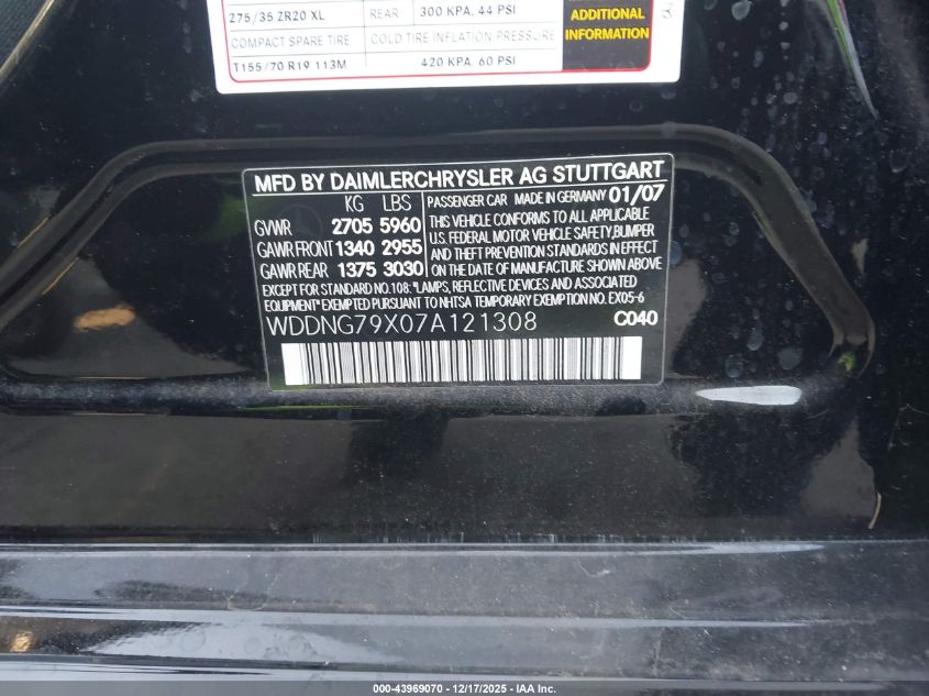 2007 Mercedes-Benz S 65 Amg VIN: WDDNG79X07A121308 Lot: 43969070