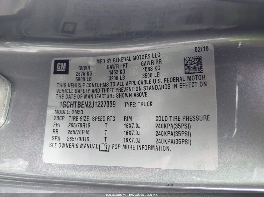 2018 Chevrolet Colorado Wt VIN: 1GCHTBEN2J1227339 Lot: 43969071