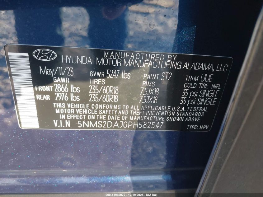 2023 Hyundai Santa Fe Sel VIN: 5NMS2DAJ0PH582547 Lot: 43969072