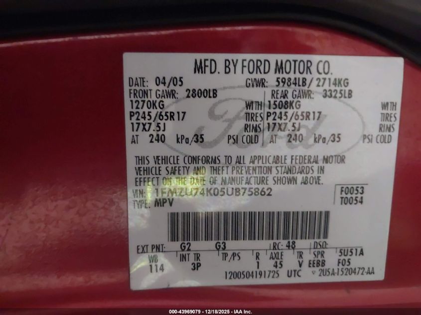 2005 Ford Explorer Eddie Bauer VIN: 1FMZU74K05UB75862 Lot: 43969079