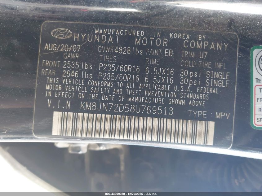 2008 Hyundai Tucson Limited V6/Se VIN: KM8JN72D58U769513 Lot: 43969080