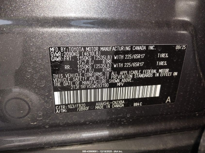 2025 Toyota Rav4 Le VIN: 2T3F1RFV5SW593190 Lot: 43969081