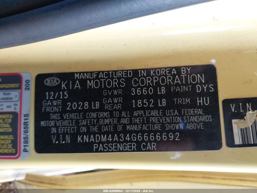 2016 Kia Rio Lx VIN: KNADM4A34G6666692 Lot: 43969084